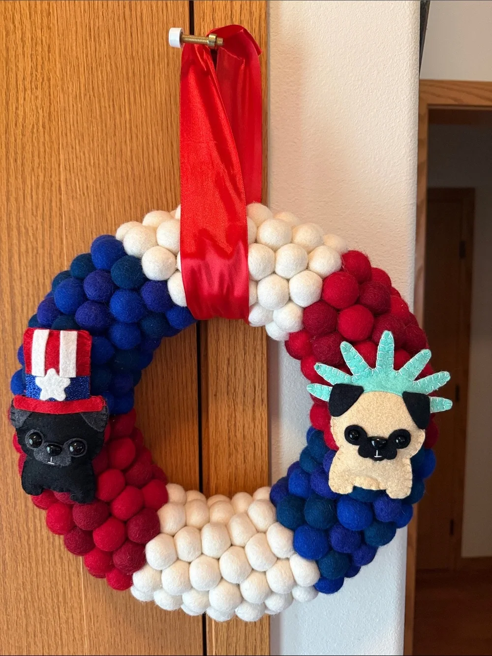 Handmade Patriotic Red White & Blue Pug Holiday Wreath
